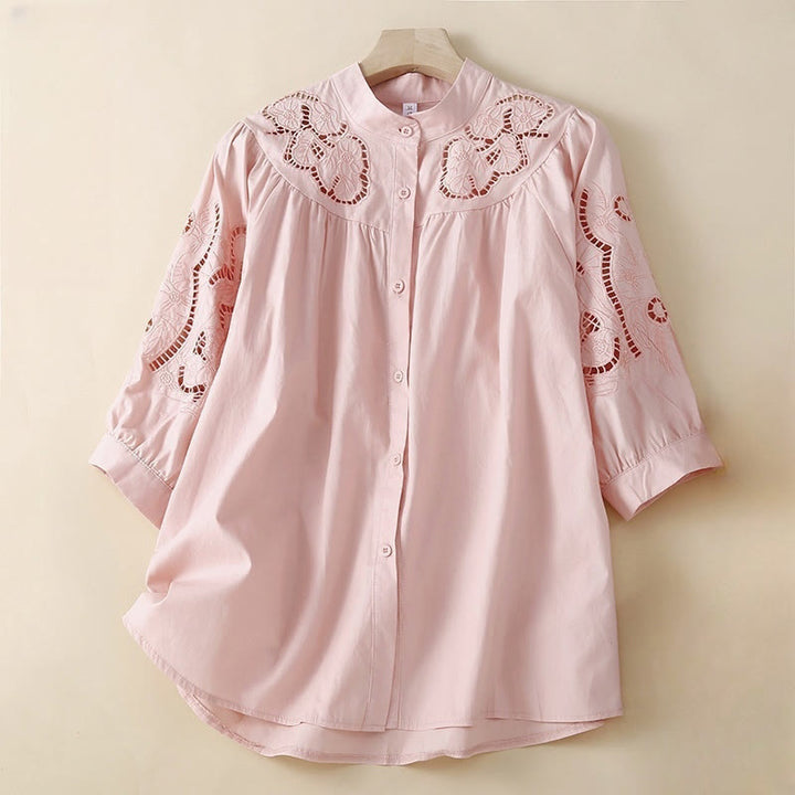 Camicia da donna in lino e cotone con maniche a tre quarti, motivo a foro con ricamo casual Buddha Stones - Rosa chiaro - US12, UK/AU16, EU44 (3XL) - image 0