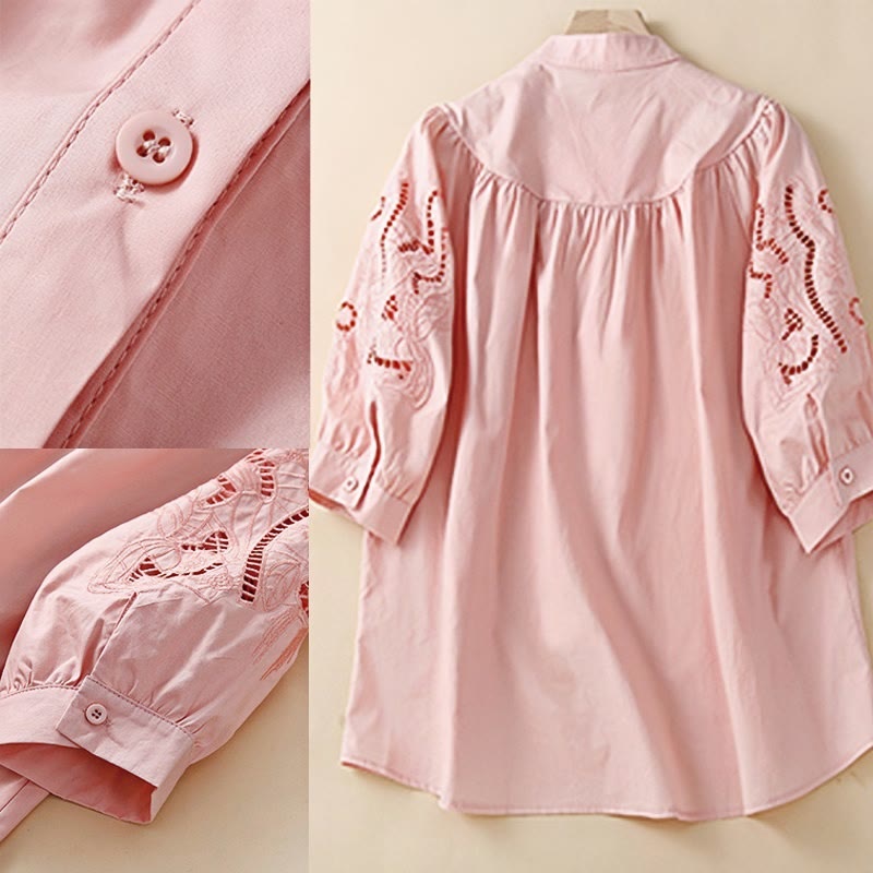 Camicia da donna in lino e cotone con maniche a tre quarti, motivo a foro con ricamo casual Buddha Stones - image 5