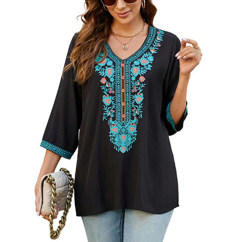 Buddha Stones Estate Casual Ricamo Fiore Foglia Mezza Manica Scollo a V Cotone T-shirt da Donna - image 11