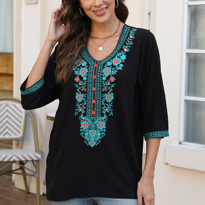 Buddha Stones Estate Casual Ricamo Fiore Foglia Mezza Manica Scollo a V Cotone T-shirt da Donna - image 6