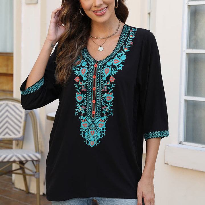Buddha Stones Estate Casual Ricamo Fiore Foglia Mezza Manica Scollo a V Cotone T-shirt da Donna - image 6