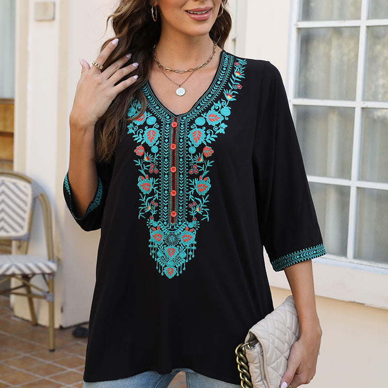 Buddha Stones Estate Casual Ricamo Fiore Foglia Mezza Manica Scollo a V Cotone T-shirt da Donna - image 5