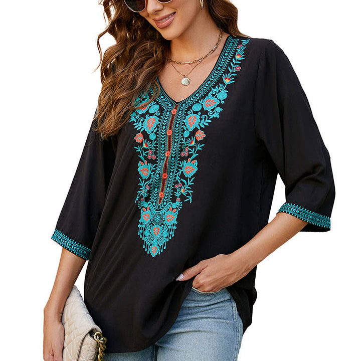 Buddha Stones Estate Casual Ricamo Fiore Foglia Mezza Manica Scollo a V Cotone T-shirt da Donna - image 8