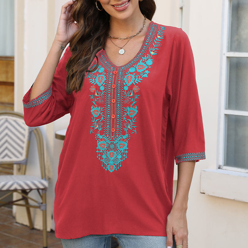 Buddha Stones Estate Casual Ricamo Fiore Foglia Mezza Manica Scollo a V Cotone T-shirt da Donna - Cremisi - US12, UK/AU16, EU44 (3XL) - image 16