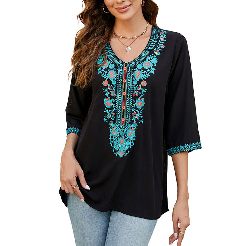 Buddha Stones Estate Casual Ricamo Fiore Foglia Mezza Manica Scollo a V Cotone T-shirt da Donna - image 9