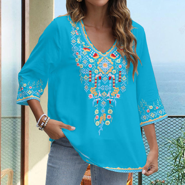 Buddha Stones Primavera Quotidiano Ricamo Fiore Modello Manica Lunga Scollo a V Cotone T-Shirt Donna