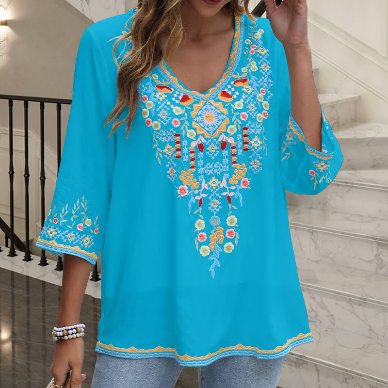 Buddha Stones Primavera Quotidiano Ricamo Fiore Modello Manica Lunga Scollo a V Cotone T-Shirt Donna