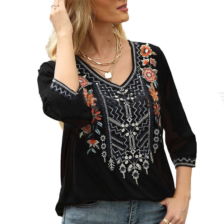 Buddha Stones Primavera Casual Semplice Ricamo Motivo Floreale Design Maniche Tre Quarti Scollo a V Cotone T-Shirt da Donna