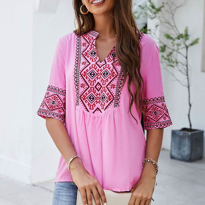 Buddha Stones Summer Boho Ricamo Motivo Floreale Mezza Manica Scollo a V Cotone T-Shirt da Donna