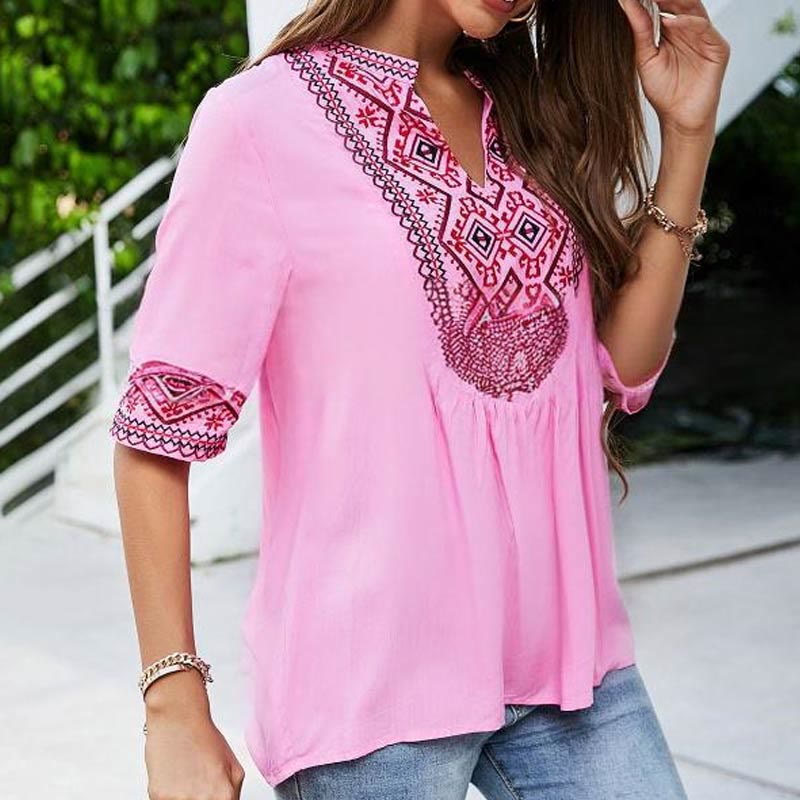 Buddha Stones Summer Boho Ricamo Motivo Floreale Mezza Manica Scollo a V Cotone T-Shirt da Donna