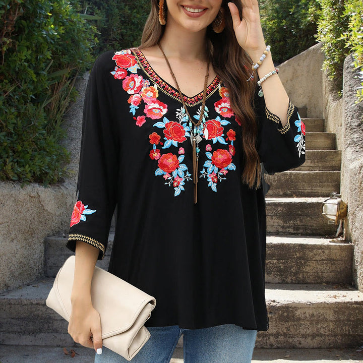 Buddha Stones Nero Casual Ricamo Rosa Modello Tre Quarti Manica Girocollo Cotone T-shirt Donna