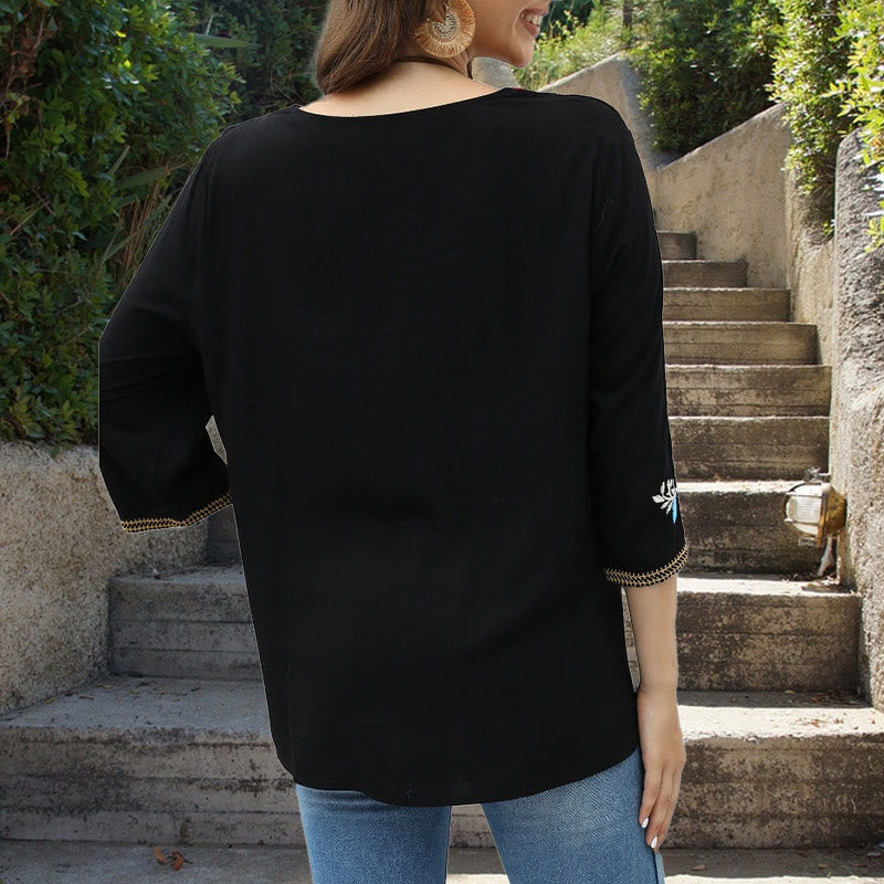 Buddha Stones Nero Casual Ricamo Rosa Modello Tre Quarti Manica Girocollo Cotone T-shirt Donna