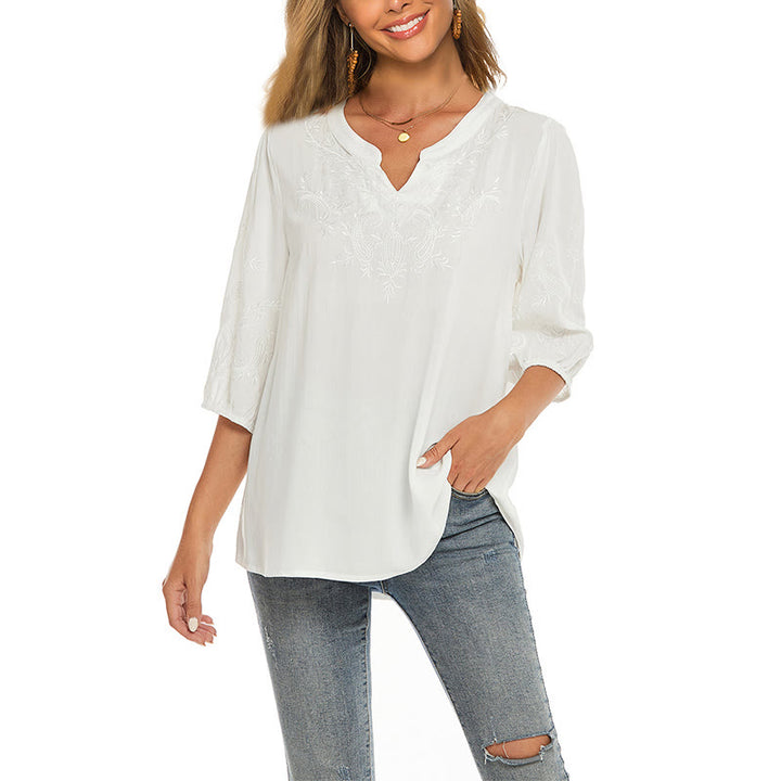 Buddha Stones Casual Tinta Unita Ricamo Fiore Manica Tre Quarti Scollo a V Cotone T-Shirt da Donna