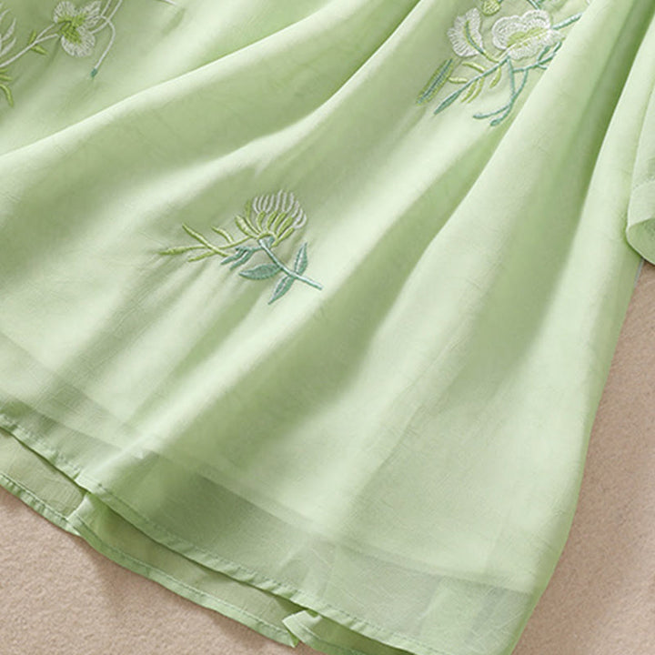 Buddha Stones Ricamo Piante Fiori Mezza Manica Semplice Rana-Bottone Collo Alto Camicia da Donna