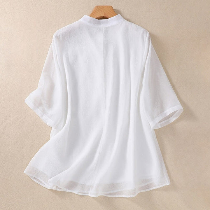 Buddha Stones Ricamo Piante Fiori Mezza Manica Semplice Rana-Bottone Collo Alto Camicia da Donna