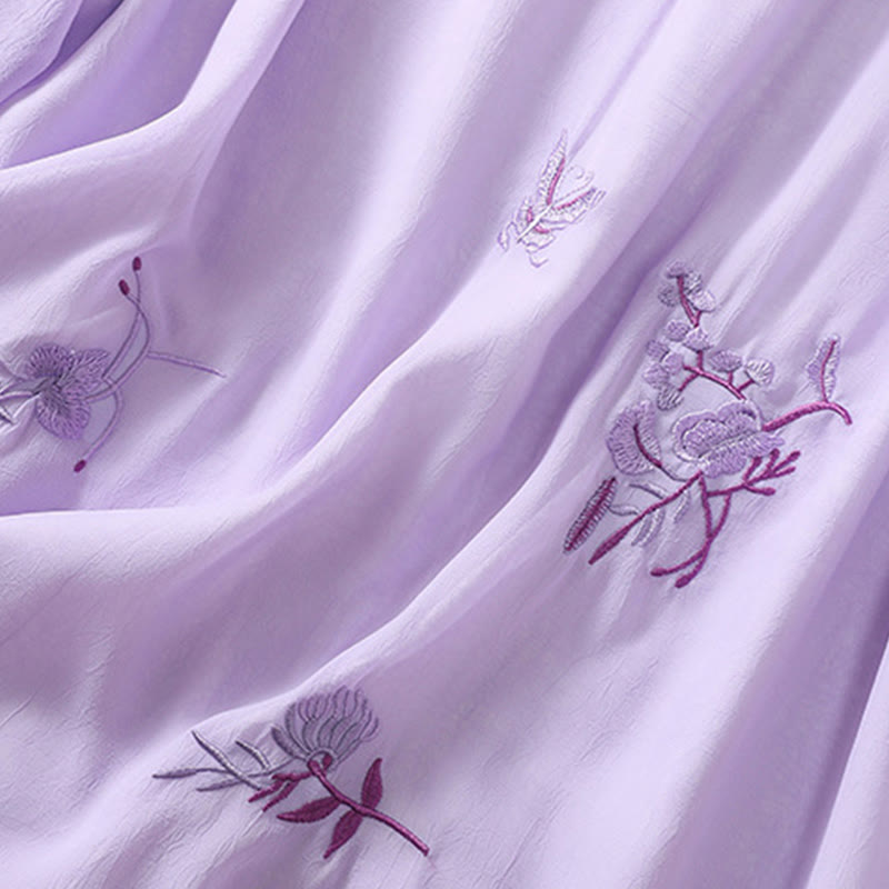 Buddha Stones Ricamo Piante Fiori Mezza Manica Semplice Rana-Bottone Collo Alto Camicia da Donna