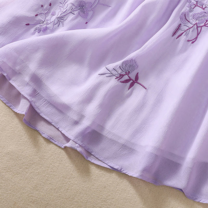 Buddha Stones Ricamo Piante Fiori Mezza Manica Semplice Rana-Bottone Collo Alto Camicia da Donna