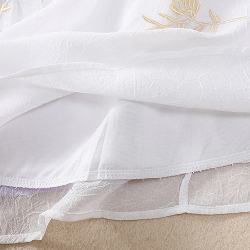 Buddha Stones Ricamo Piante Fiori Mezza Manica Semplice Rana-Bottone Collo Alto Camicia da Donna