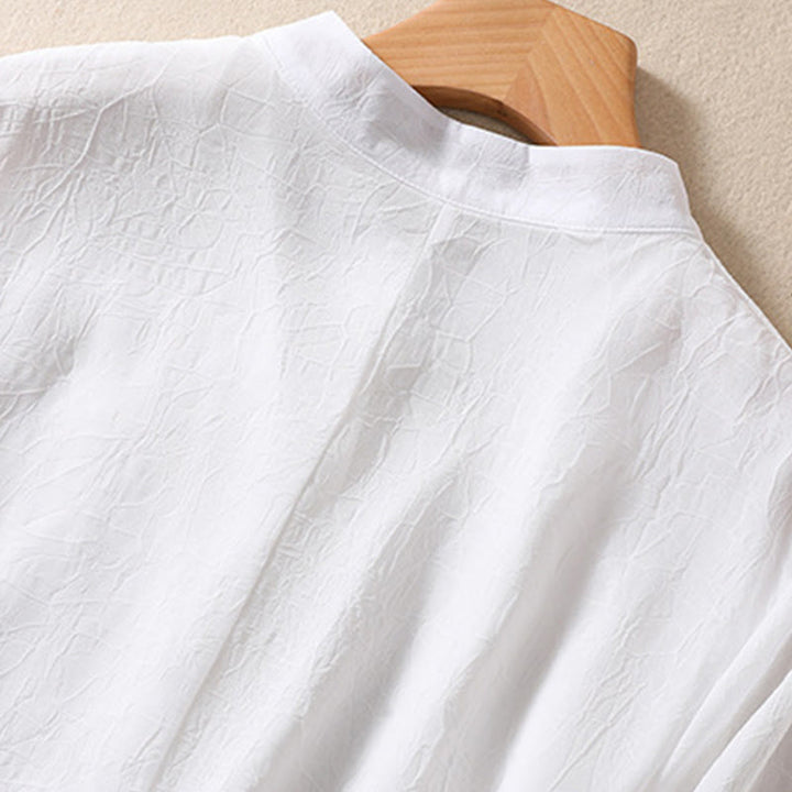 Buddha Stones Ricamo Piante Fiori Mezza Manica Semplice Rana-Bottone Collo Alto Camicia da Donna