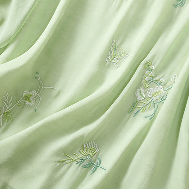 Buddha Stones Ricamo Piante Fiori Mezza Manica Semplice Rana-Bottone Collo Alto Camicia da Donna