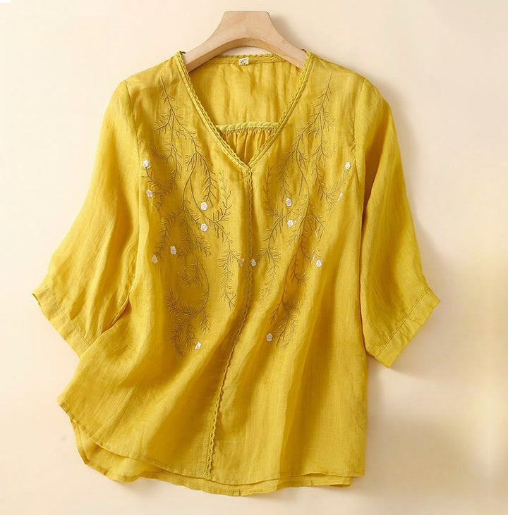 Buddha Stones Estate Casual Fiori Rami Ricamato Modello Scollo a V Mezza Manica Cotone Lino T-shirt da Donna