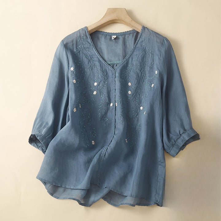 Buddha Stones Estate Casual Fiori Rami Ricamato Modello Scollo a V Mezza Manica Cotone Lino T-shirt da Donna