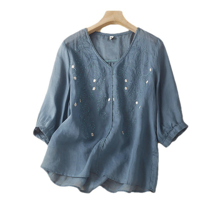 Buddha Stones Estate Casual Fiori Rami Ricamato Modello Scollo a V Mezza Manica Cotone Lino T-shirt da Donna
