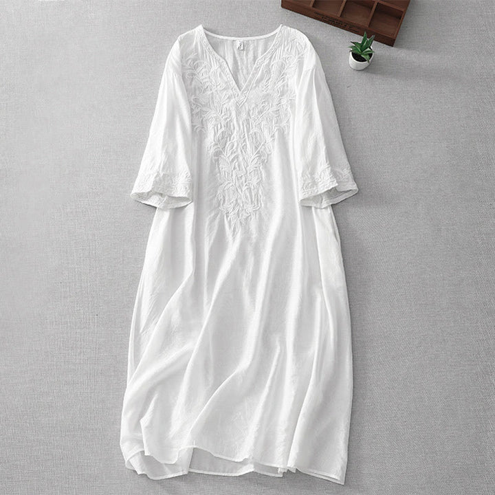 Abito midi estivo con maniche corte, scollo a V, tasche, ricamo a foglia e fiore, colore bianco puro, motivo Buddha Stones - Bianco - US8-10, UK/AU12-14, EU40-42 (2XL) - image 1