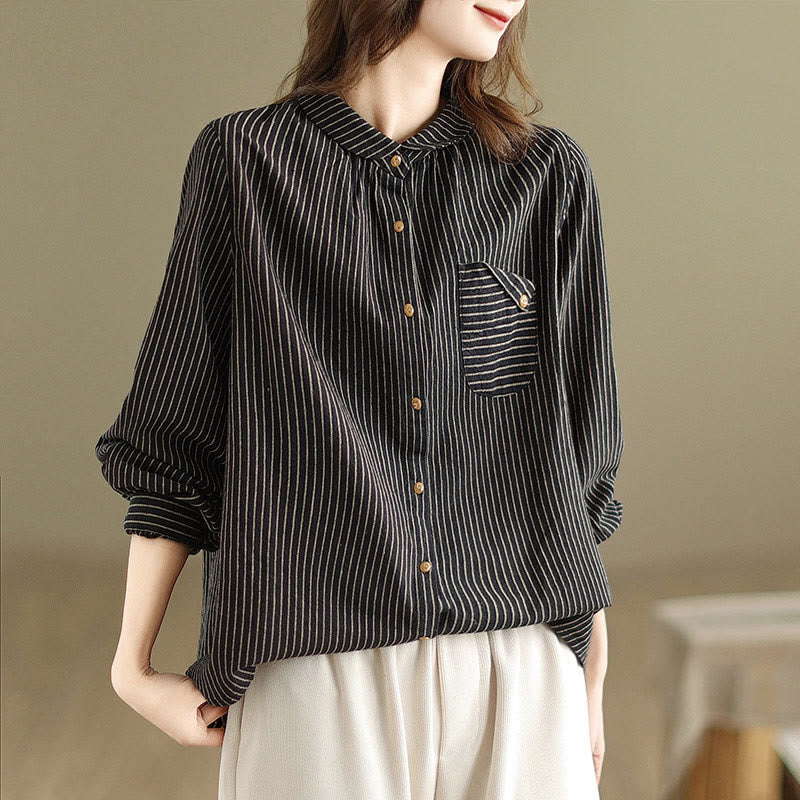 Camicia da donna in lino e cotone con risvolto, a righe, a maniche lunghe, con bottoni, con tasca, motivo a giunture casuali, motivo Buddha Stones Spring - image 4