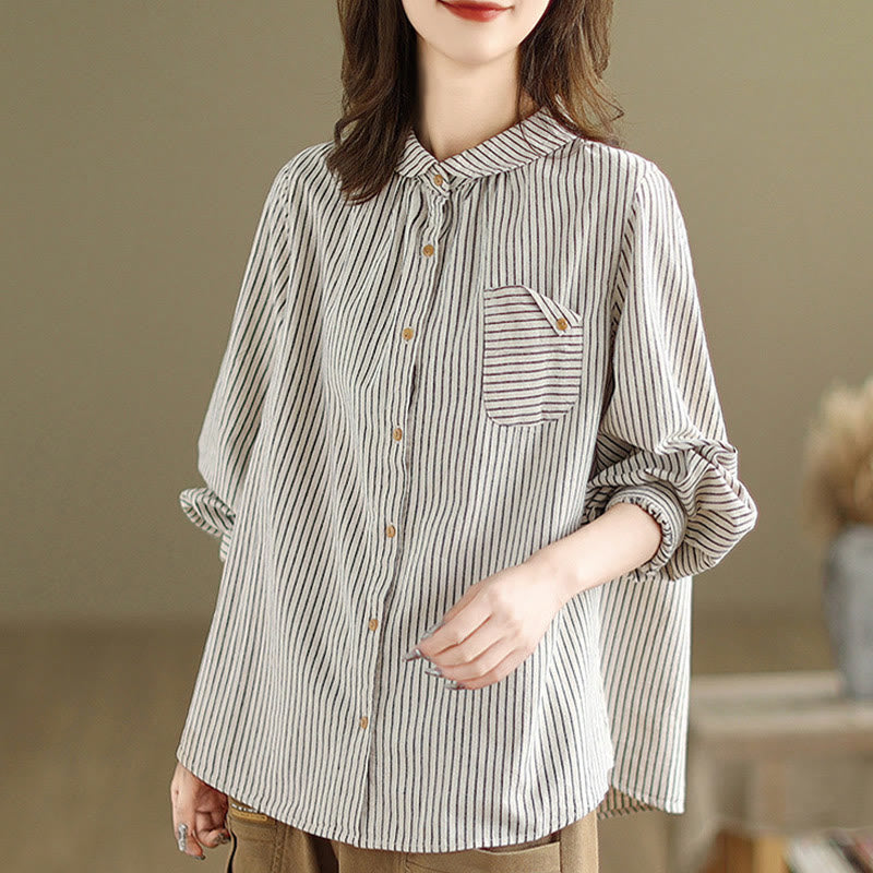 Camicia da donna in lino e cotone con risvolto, a righe, a maniche lunghe, con bottoni, con tasca, motivo a giunture casuali, motivo Buddha Stones Spring - image 9