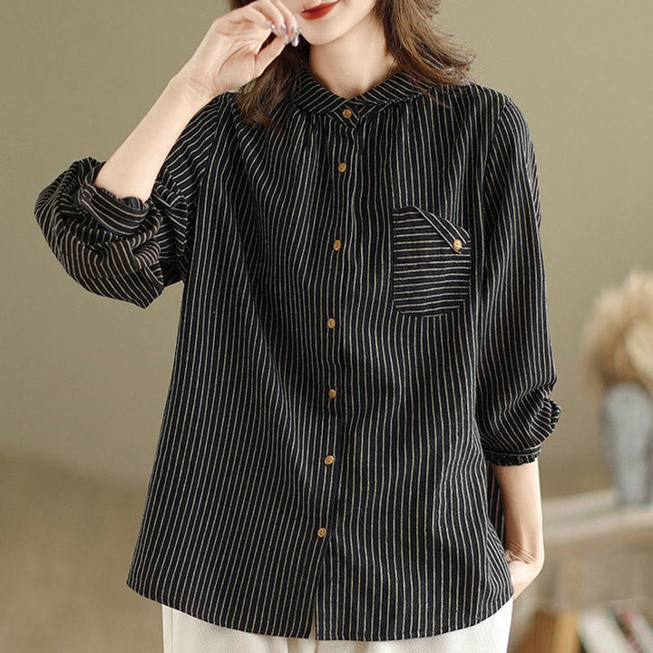 Camicia da donna in lino e cotone con risvolto, a righe, a maniche lunghe, con bottoni, con tasca, motivo a giunture casuali, motivo Buddha Stones Spring - image 1