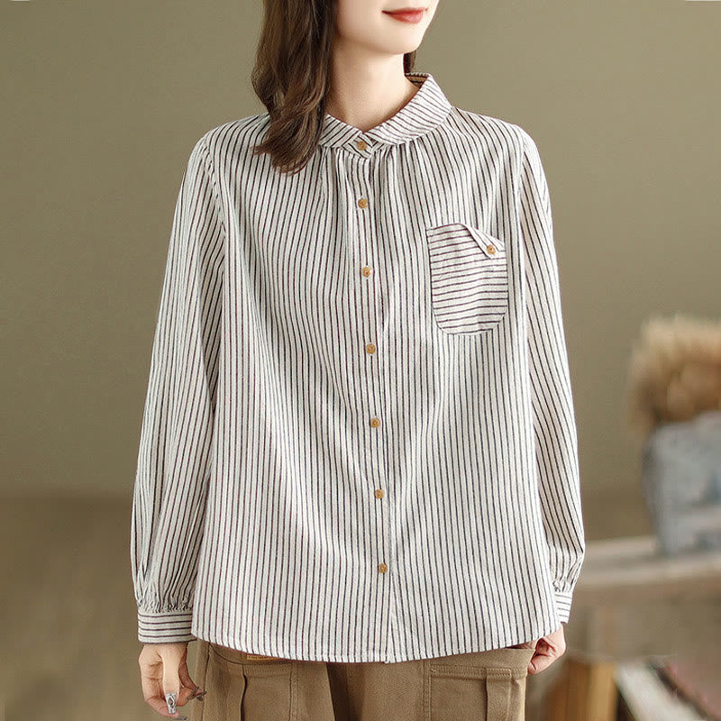Camicia da donna in lino e cotone con risvolto, a righe, a maniche lunghe, con bottoni, con tasca, motivo a giunture casuali, motivo Buddha Stones Spring - image 8
