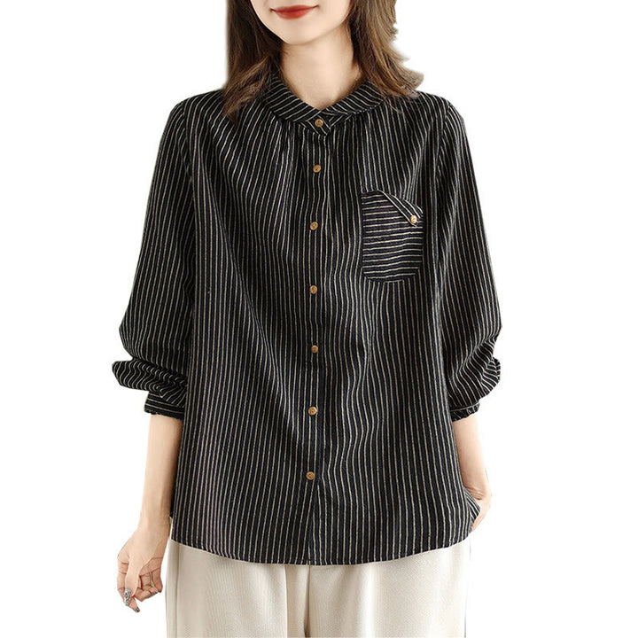 Camicia da donna in lino e cotone con risvolto, a righe, a maniche lunghe, con bottoni, con tasca, motivo a giunture casuali, motivo Buddha Stones Spring - image 5