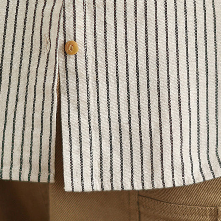 Camicia da donna in lino e cotone con risvolto, a righe, a maniche lunghe, con bottoni, con tasca, motivo a giunture casuali, motivo Buddha Stones Spring - image 15
