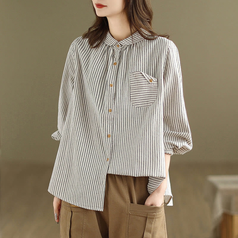 Camicia da donna in lino e cotone con risvolto, a righe, a maniche lunghe, con bottoni, con tasca, motivo a giunture casuali, motivo Buddha Stones Spring - image 11