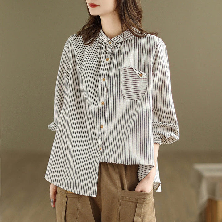 Camicia da donna in lino e cotone con risvolto, a righe, a maniche lunghe, con bottoni, con tasca, motivo a giunture casuali, motivo Buddha Stones Spring - image 11