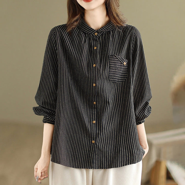 Camicia da donna in lino e cotone con risvolto, a righe, a maniche lunghe, con bottoni, con tasca, motivo a giunture casuali, motivo Buddha Stones Spring - Nero - US8-10, UK/AU12-14, EU40-42 (2XL) - image 0