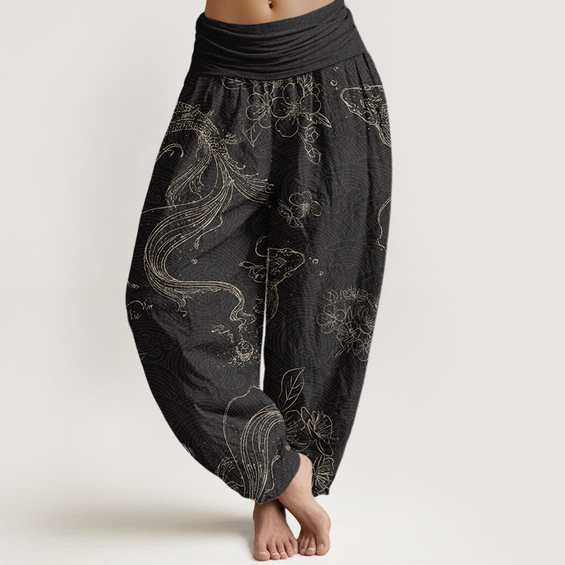 Pantaloni harem con elastico in vita da donna con motivo floreale e motivo a pesce koi Buddha Stones - Nero - US22, UK/AU26, EU54 (6XL) - image 1
