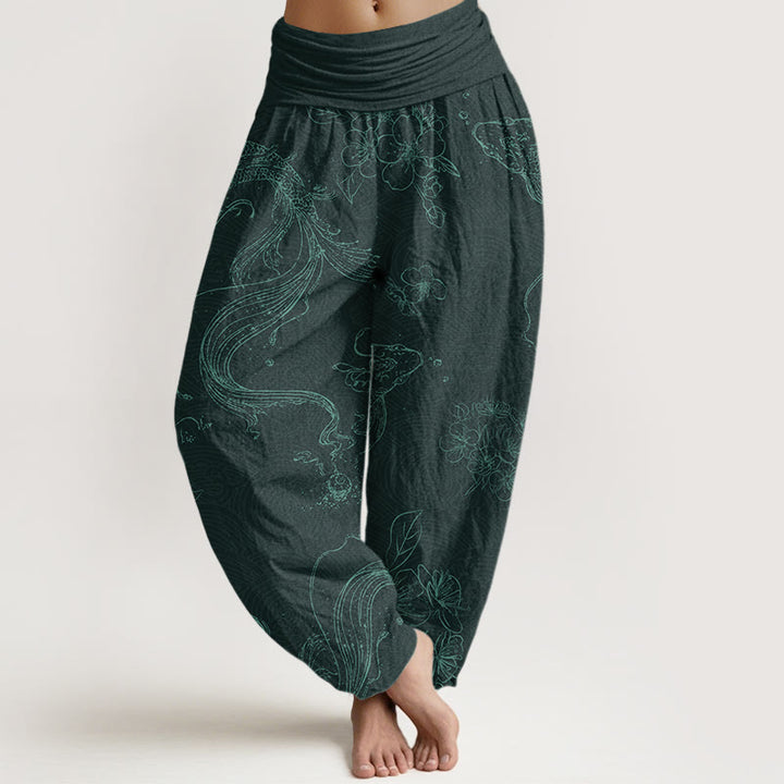 Pantaloni harem con elastico in vita da donna con motivo floreale e motivo a pesce koi Buddha Stones - Ciano scuro - US22, UK/AU26, EU54 (6XL) - image 8