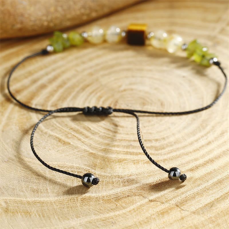 Buddha Stones Trova la tua gioia Braccialetto in corda della pace con peridoto, citrino, occhio di tigre