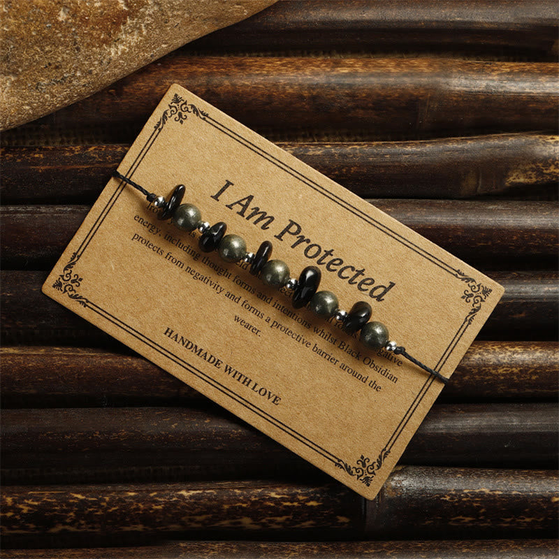 Braccialetto di adempimento Buddha Stones I Am Protected in pirite di ferro e ossidiana nera