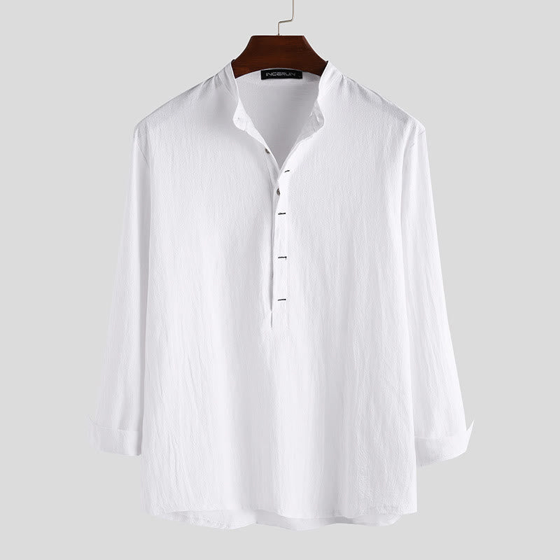 Camicie da uomo in cotone e lino a maniche lunghe con bottoni a tinta unita e Buddha Stones - Bianco - US/UK/AU42, EU52 (3XL) - image 0