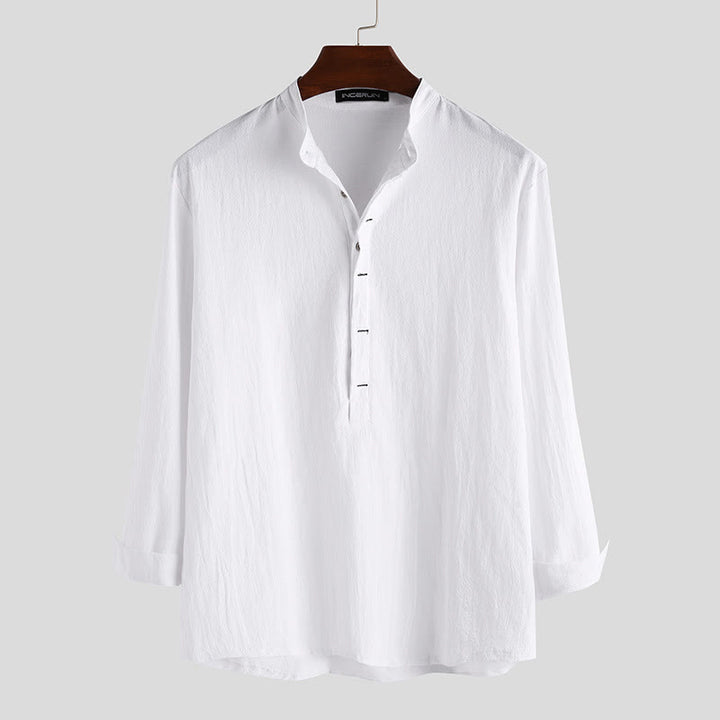 Camicie da uomo in cotone e lino a maniche lunghe con bottoni a tinta unita e Buddha Stones - Bianco - US/UK/AU42, EU52 (3XL) - image 0