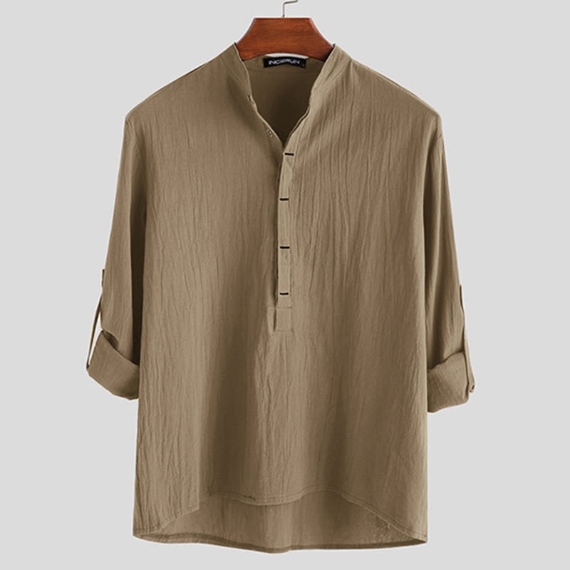 Camicie da uomo in cotone e lino a maniche lunghe con bottoni a tinta unita e Buddha Stones - Abbronzatura - US/UK/AU42, EU52 (3XL) - image 7