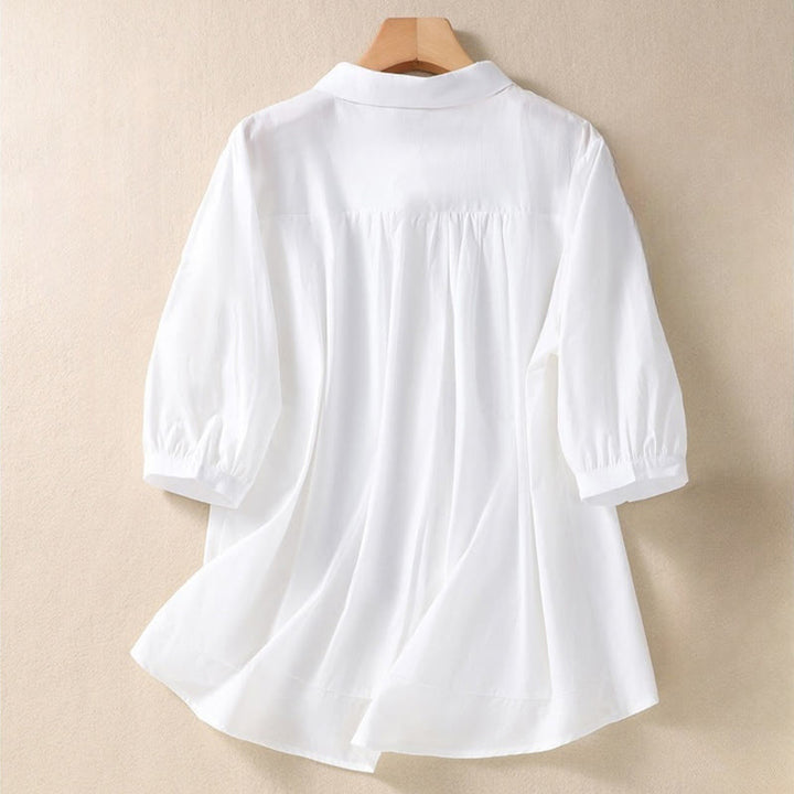 Camicia da donna in cotone e lino con risvolto, manica a tre quarti, motivo floreale, Buddha Stones - image 6