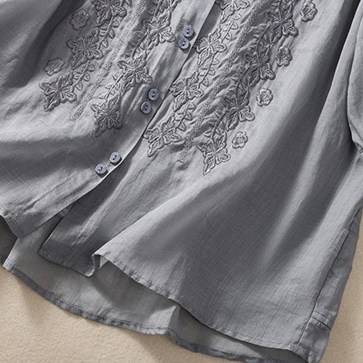 Camicia da donna in cotone e lino con risvolto, manica a tre quarti, motivo floreale, Buddha Stones - image 18