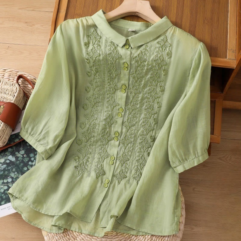 Camicia da donna in cotone e lino con risvolto, manica a tre quarti, motivo floreale, Buddha Stones - image 1