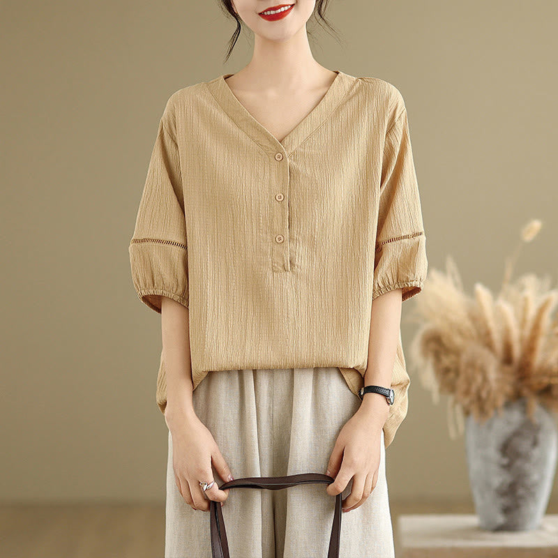 Buddha Stones Summer Casual Pure Mezza Manica a Sbuffo Mezza Bottone Scollo a V T-Shirt da Donna