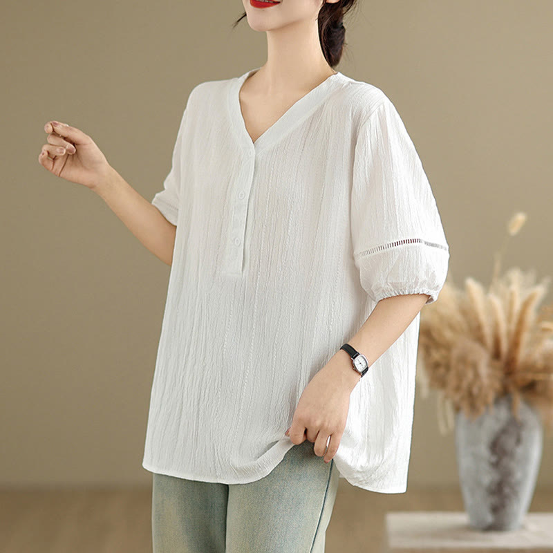 Buddha Stones Summer Casual Pure Mezza Manica a Sbuffo Mezza Bottone Scollo a V T-Shirt da Donna