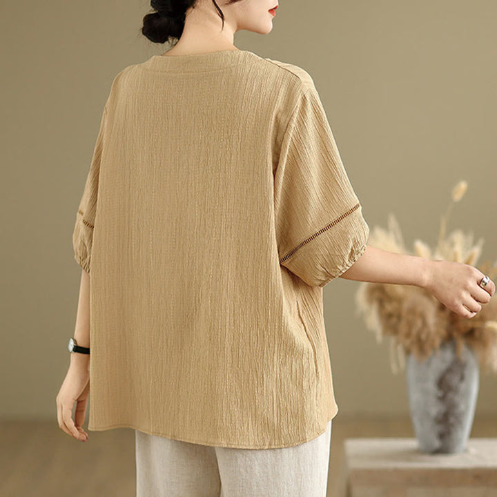 Buddha Stones Summer Casual Pure Mezza Manica a Sbuffo Mezza Bottone Scollo a V T-Shirt da Donna